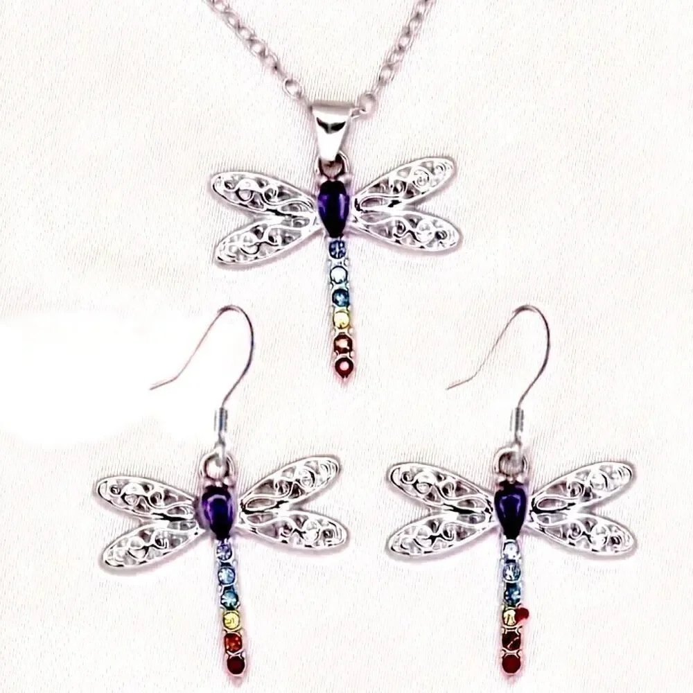 NWT Gorgeous Silver Dragonfly Necklace & Earrings Set with Colorful Rhinestones